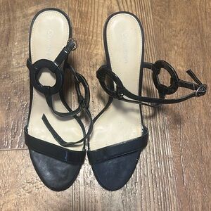 👠 Calvin Klein Ruby Patent Ring 9 M Black Open Toe Ankle Strap Stiletto Heels